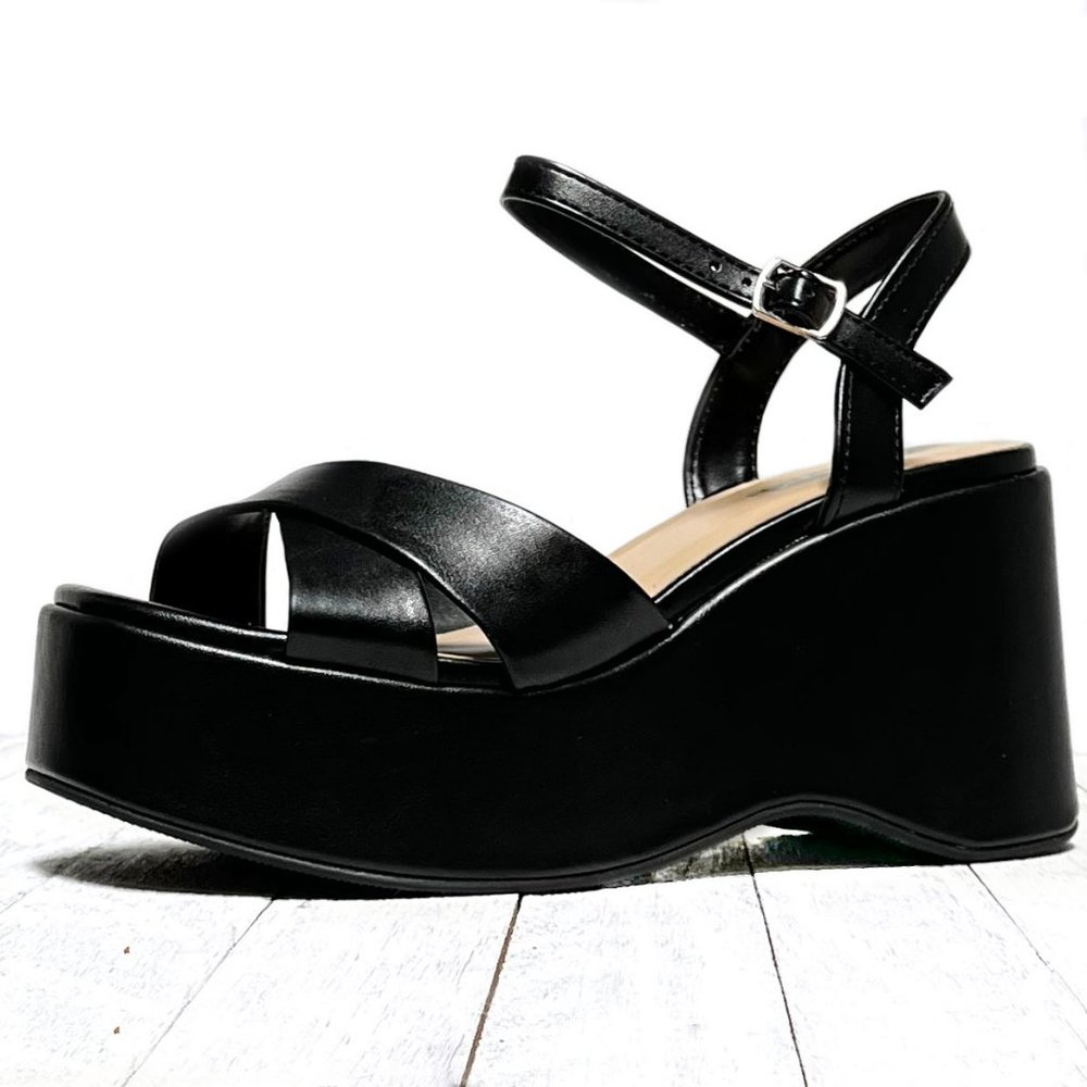 New Black Cross Platform Wedge Sandals - Picture 4 of 6
